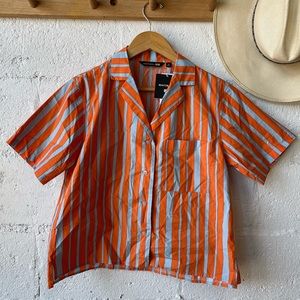 NWT Marimekko for Uniqlo Blue + Orange Striped Button Up Shirt